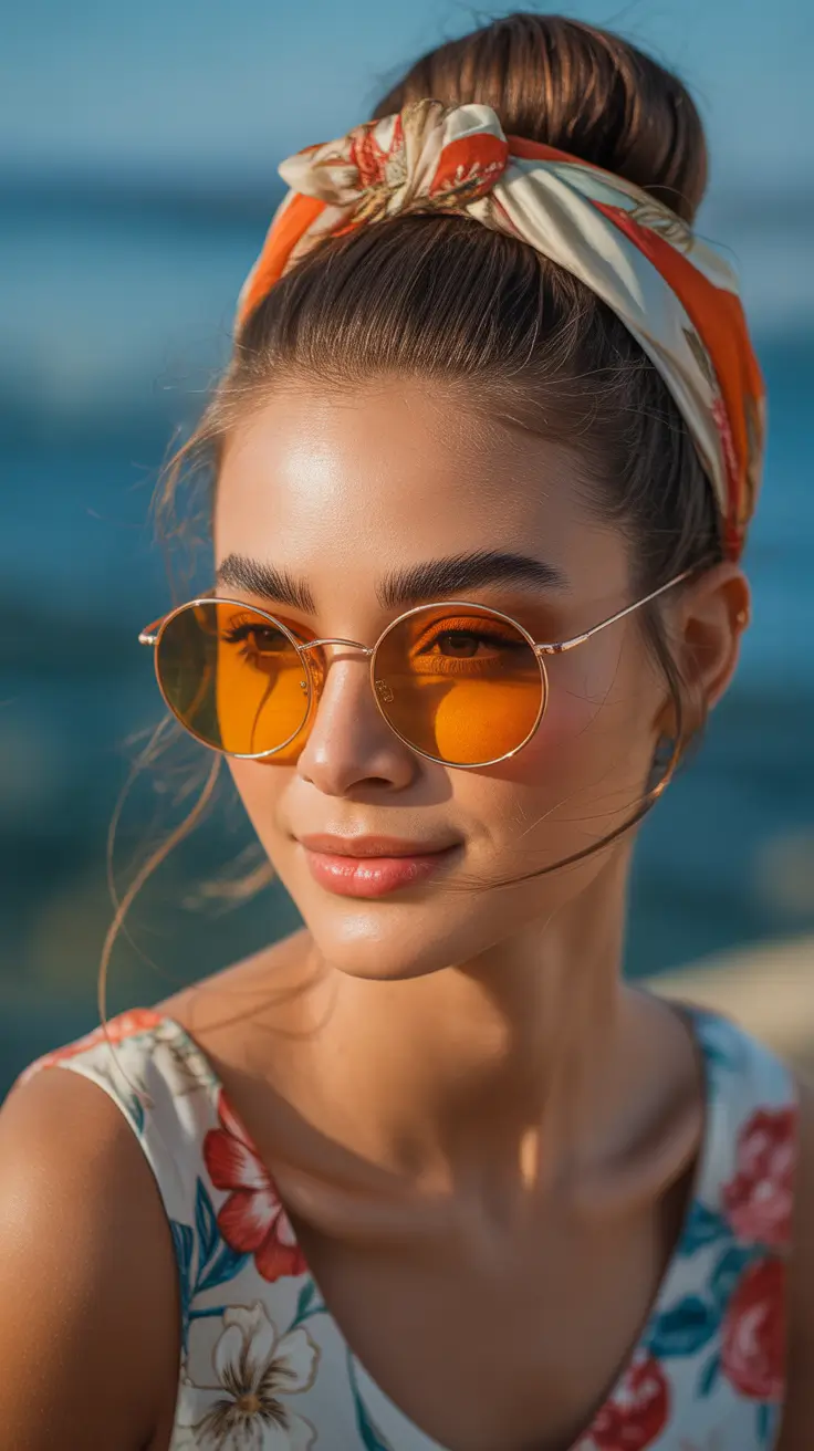 easy hairstyle 2026 Top Knot with Printed Silk Scarf