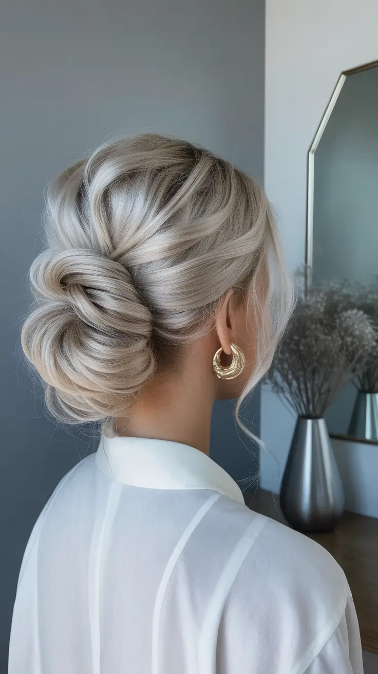easy hairstyle 2026 Elegant Tucked Chignon with Silvery Blonde Tones