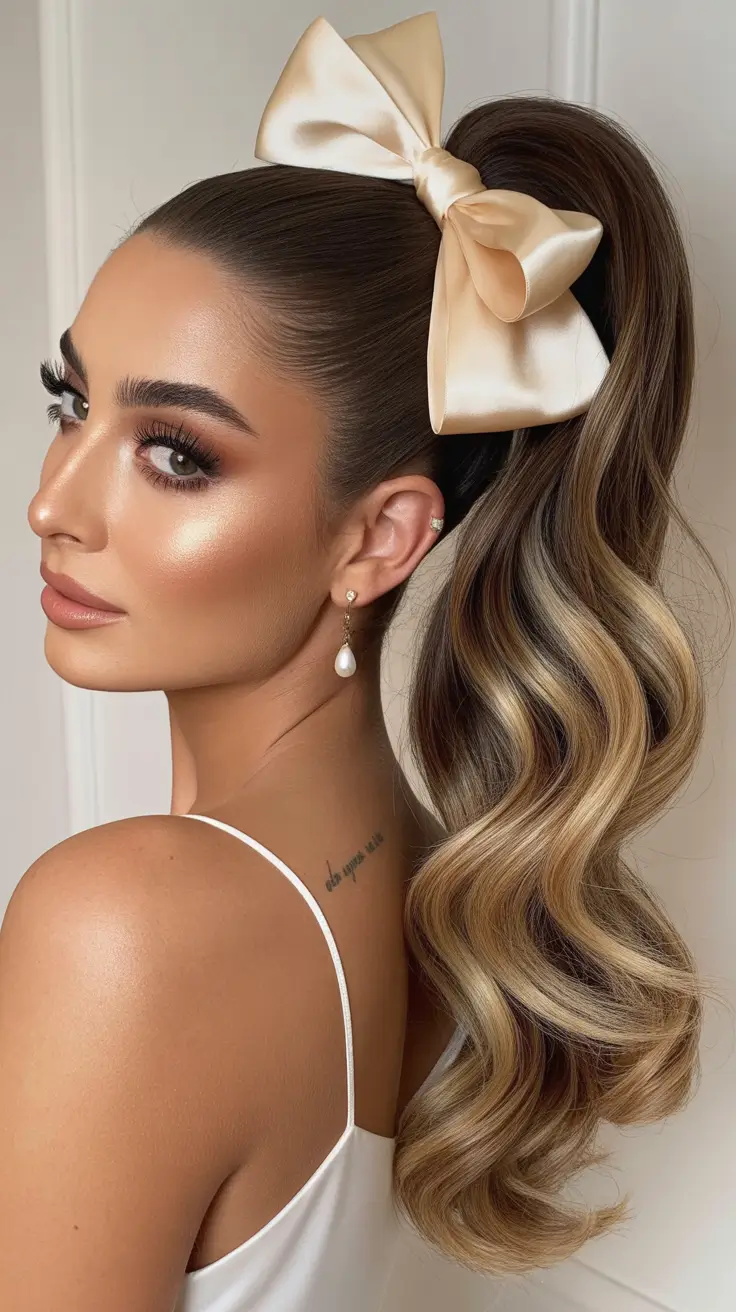 easy hairstyle 2026 Classic High Ponytail with Satin Bow