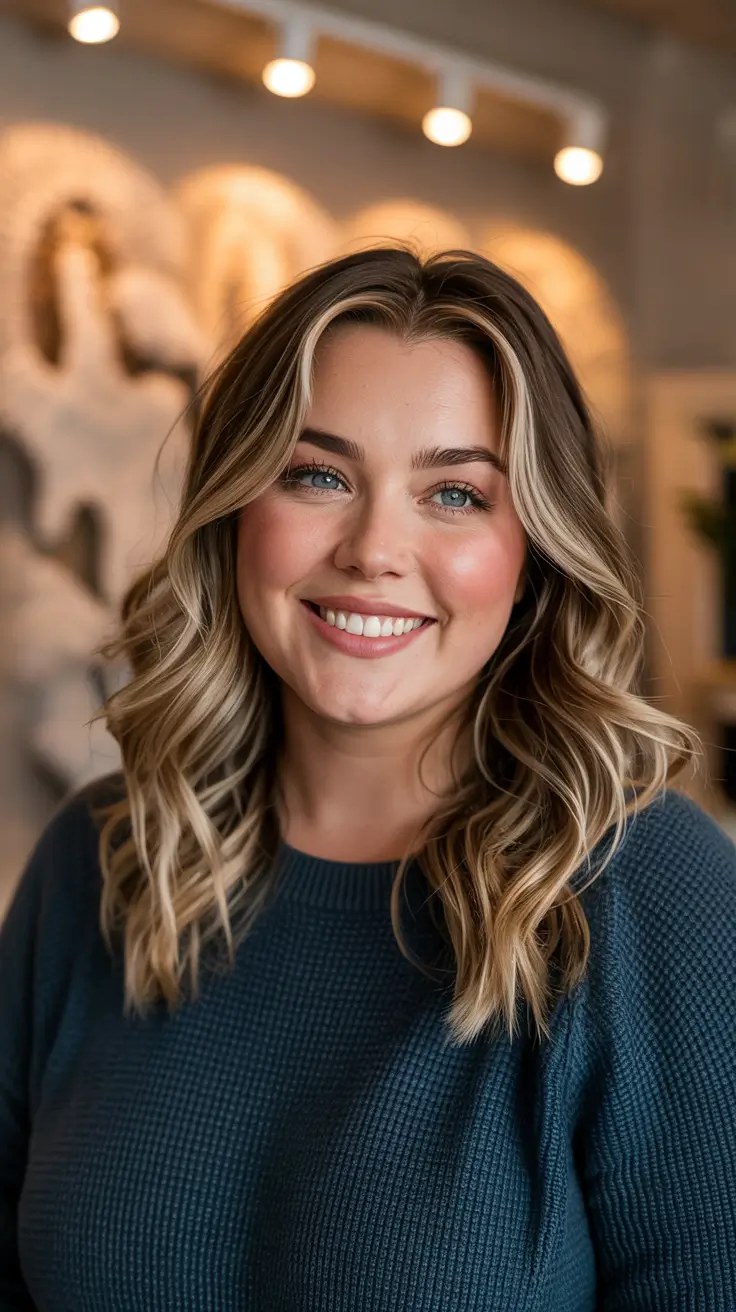 Fat Face Haircuts 2026 Soft Waves with Bright Face-Framing Blonde