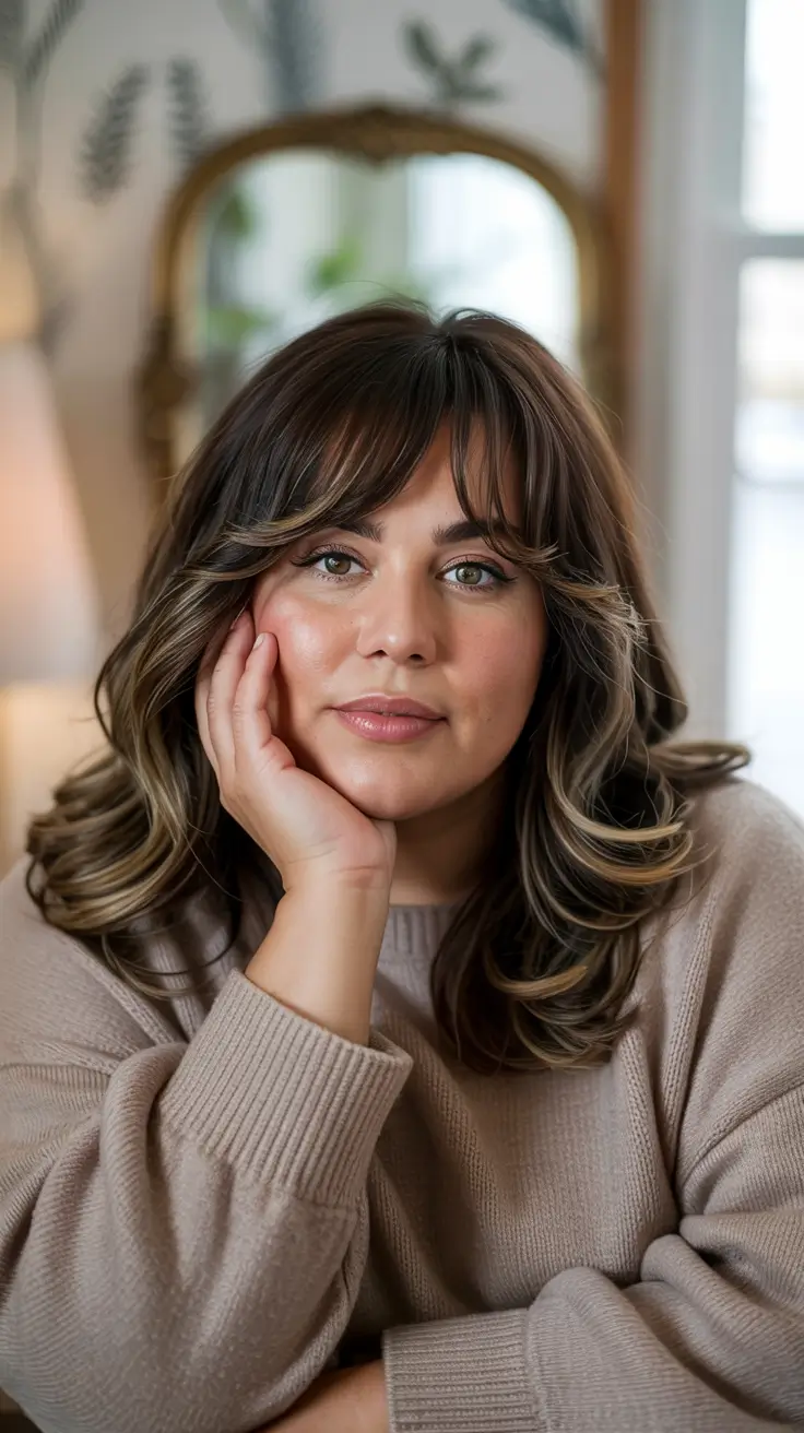 Fat Face Haircuts 2026 Soft Curtain Fringe with Chocolate Caramel Waves