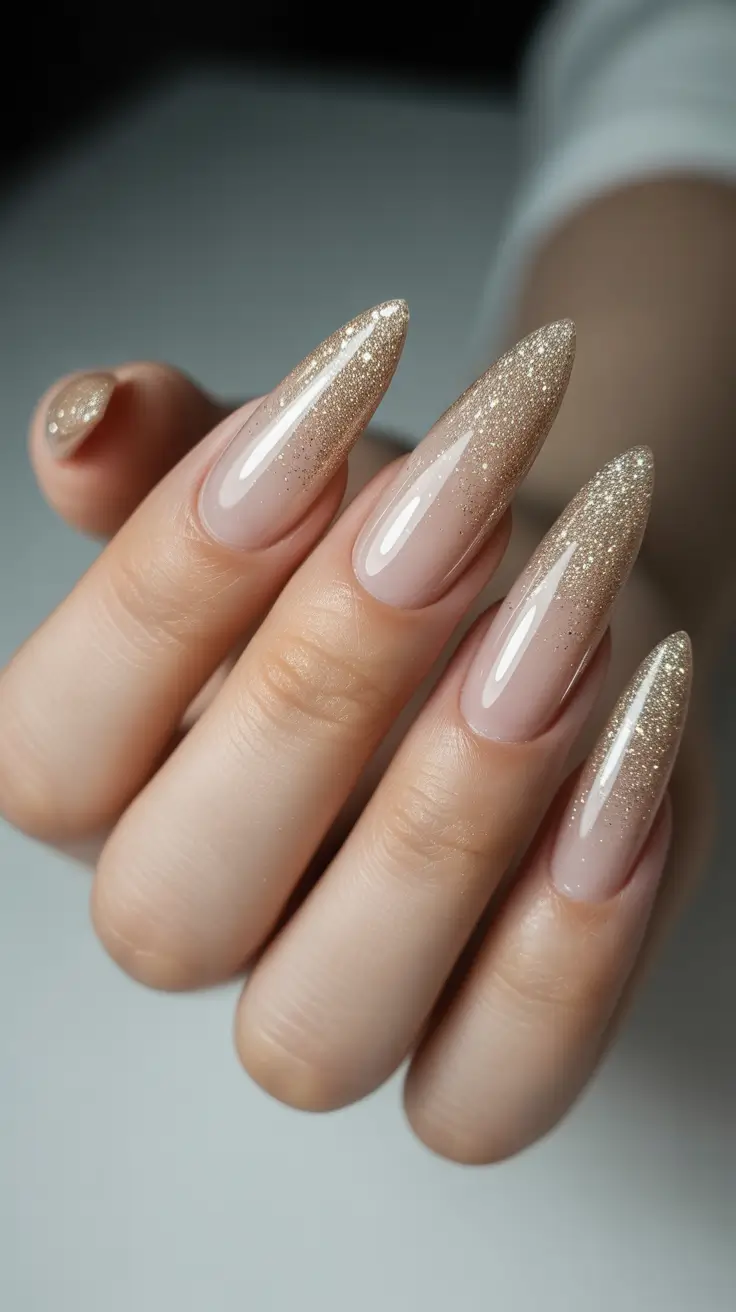 gel nail designs 2026 Nude Gold Shimmer Gel Nails