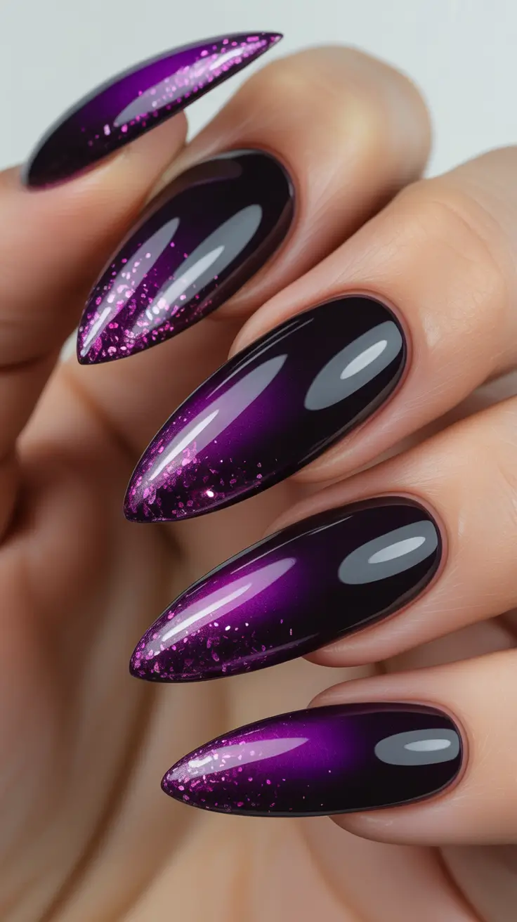 gel nail designs 2026 Black Purple Glitter Gel Nails