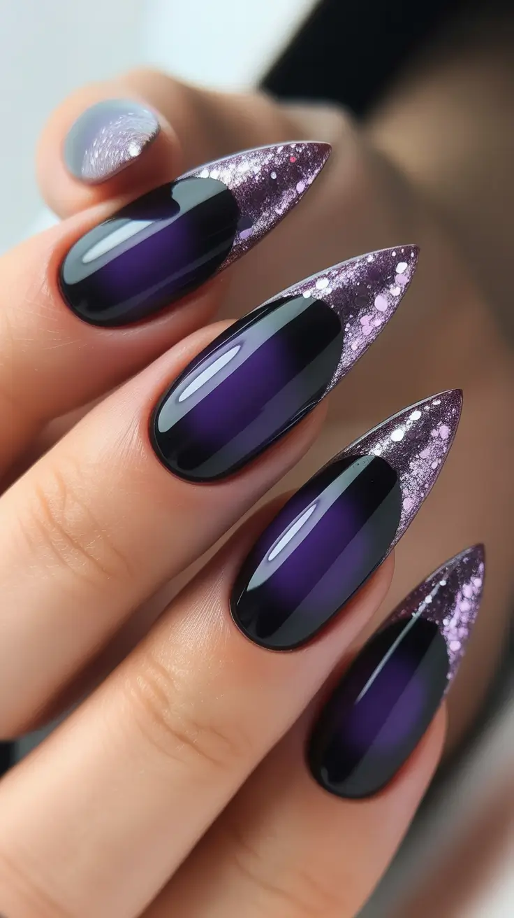 gel nail designs 2026 Purple Glitter Tip Gel Nails