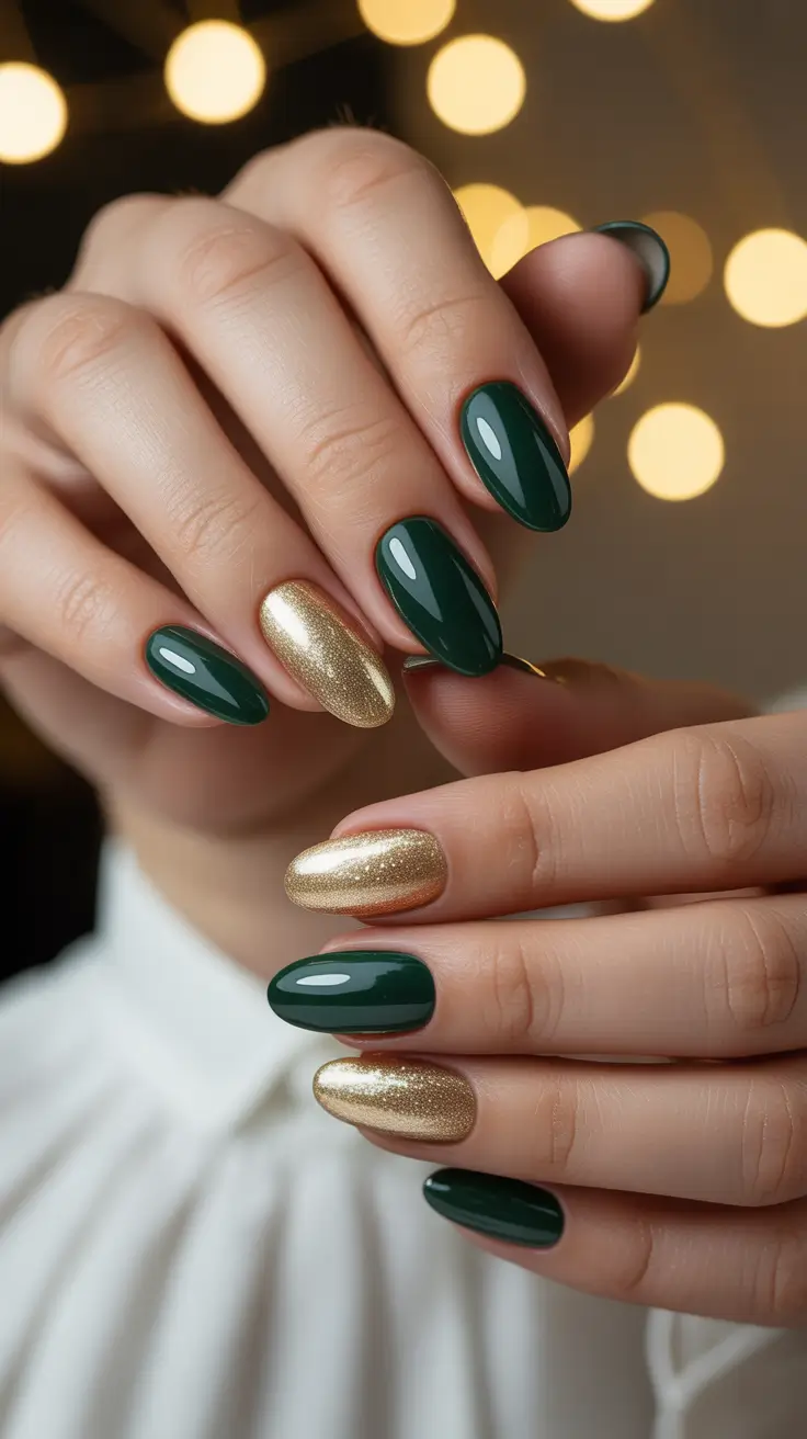 gel nail designs 2026 Green and Gold Gel Nails
