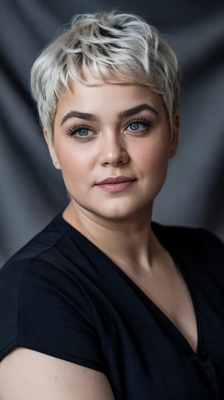 Haircuts for Chubby Faces 2026 Textured Platinum Pixie with Soft Micro Fringe