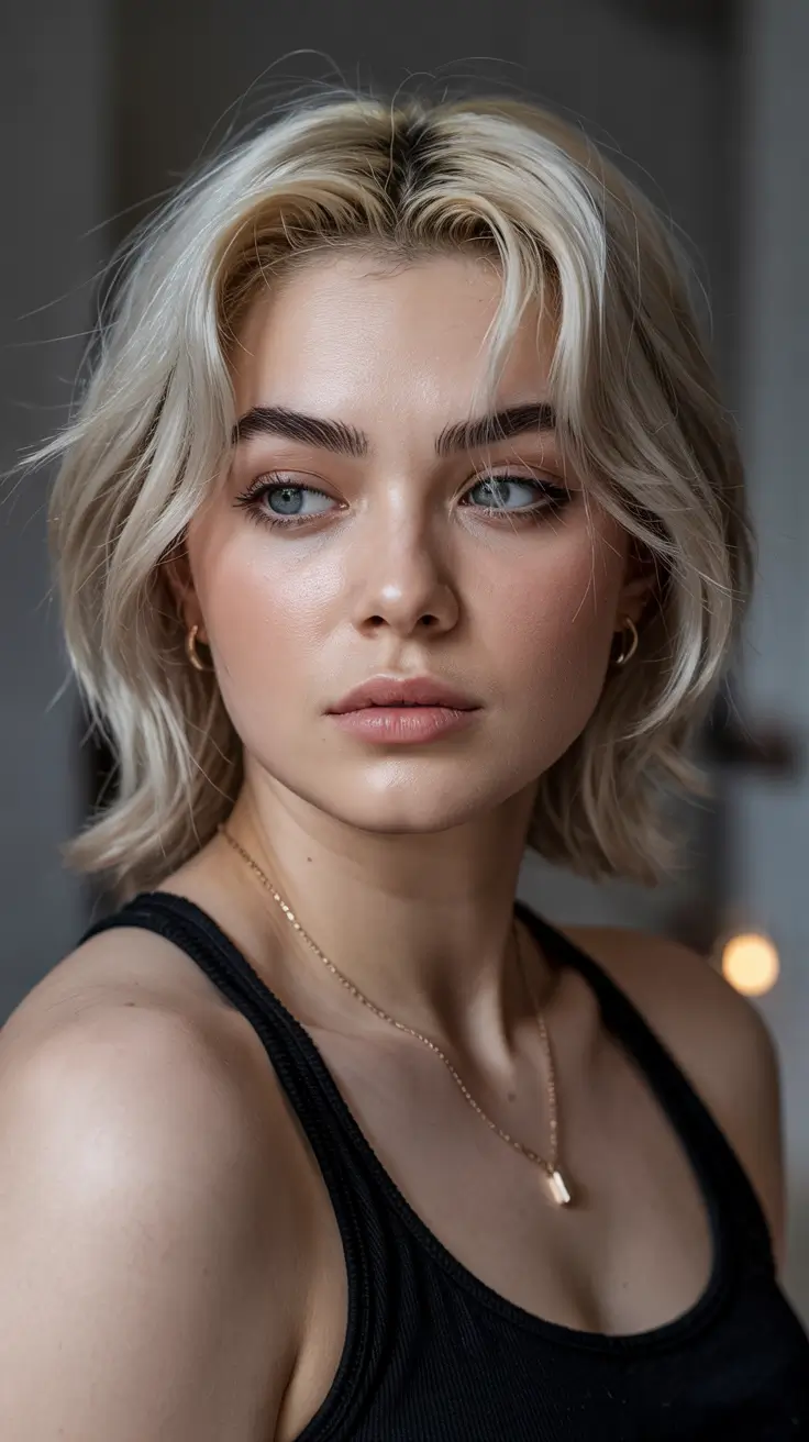 Haircuts for Chubby Faces 2026 Undone Platinum Shag with Curtain Bangs