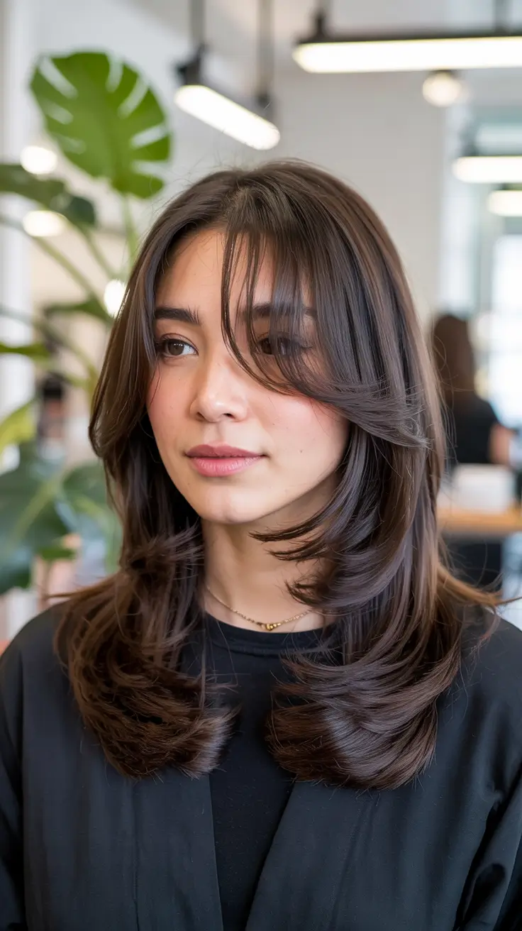 haircuts for long hair 2026 Butterfly Layers with Soft Curtain Bangs