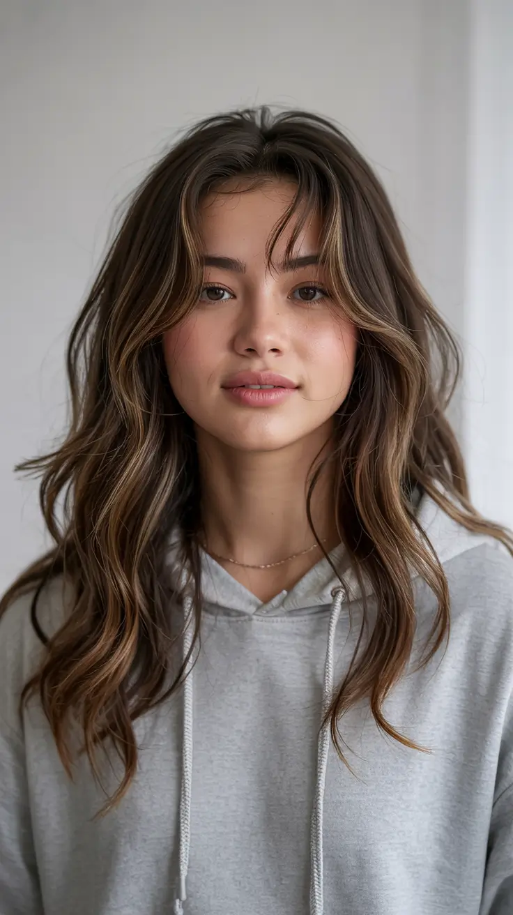 haircuts for long hair 2026 Layered Waves with Soft Contour Highlights