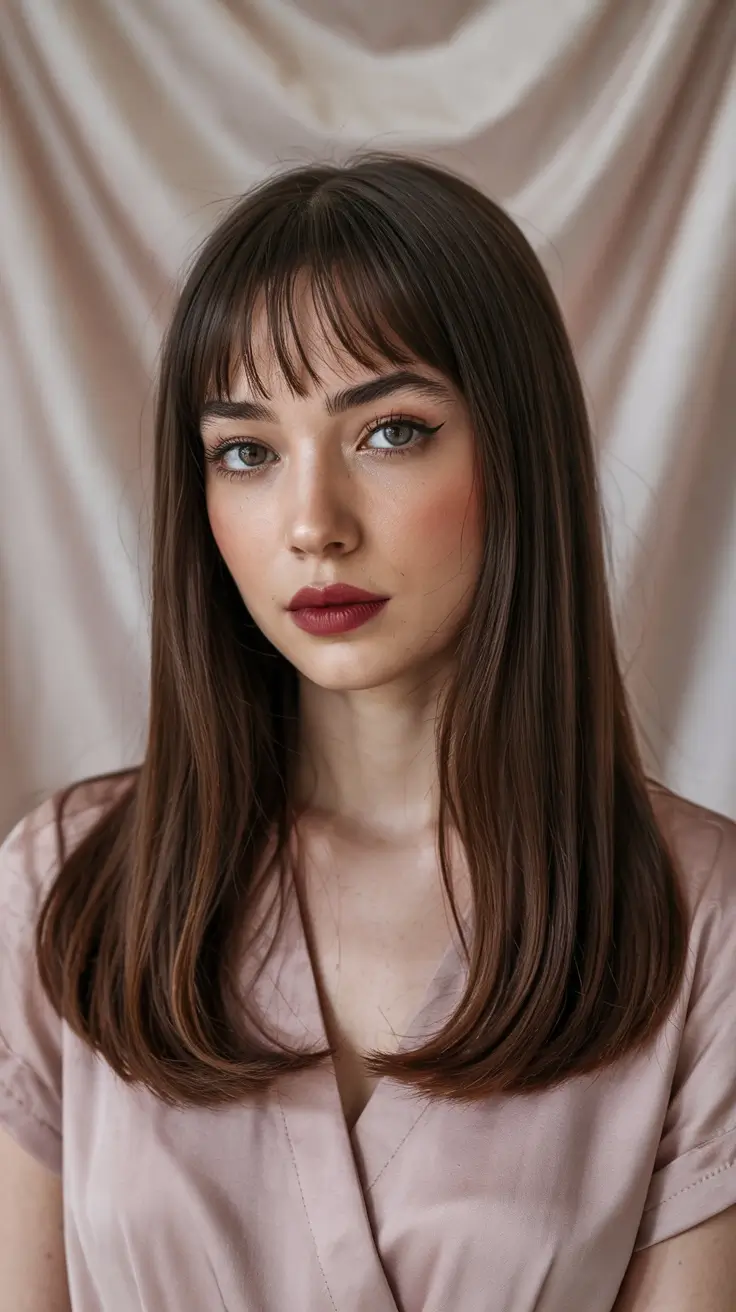 haircuts for long hair 2026 Sleek and Straight with Baby Bangs