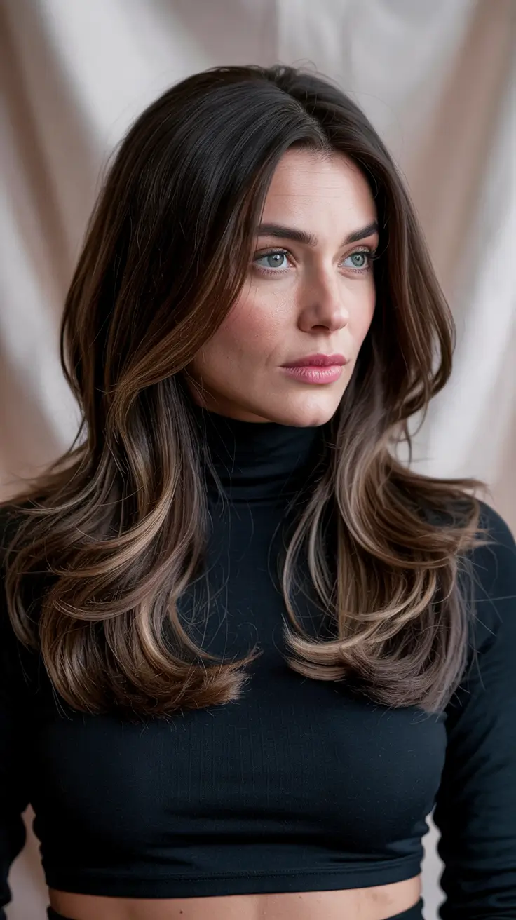 haircuts for long hair 2026 Modern Classic with Warm Brunette Dimension