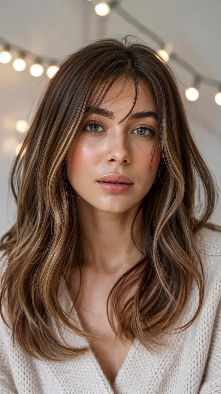 haircuts for long hair 2026 Face-Framing Shag with Natural Light Brunette