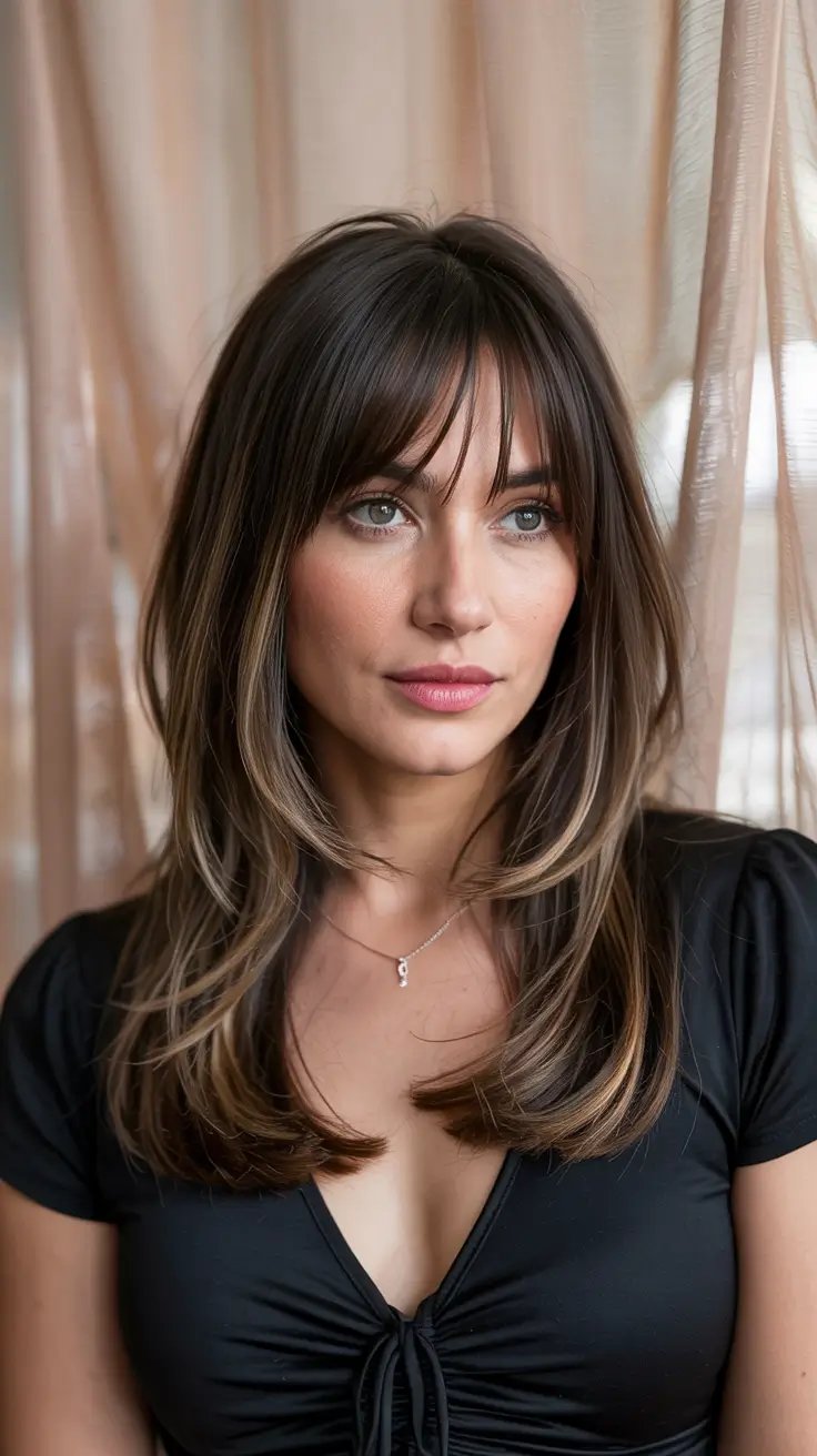 haircuts for long hair 2026 Feathered Fringe with Glossy Finish