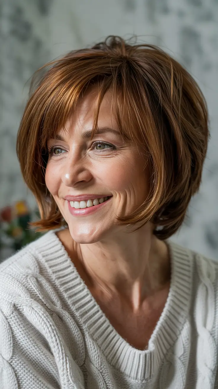 haircuts for medium hair 2026+Feathered Bob with Auburn Dimension