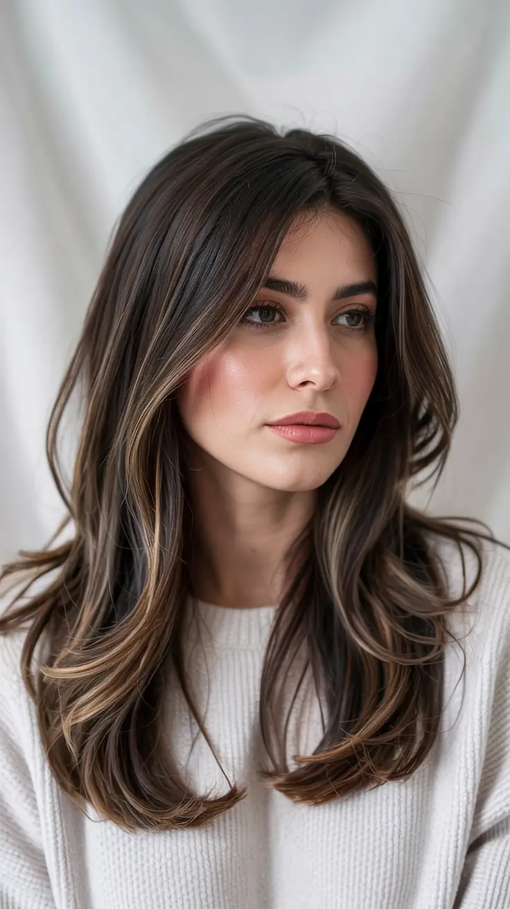 haircuts for medium hair 2026+Rich Brunette with Long Layers and Highlights