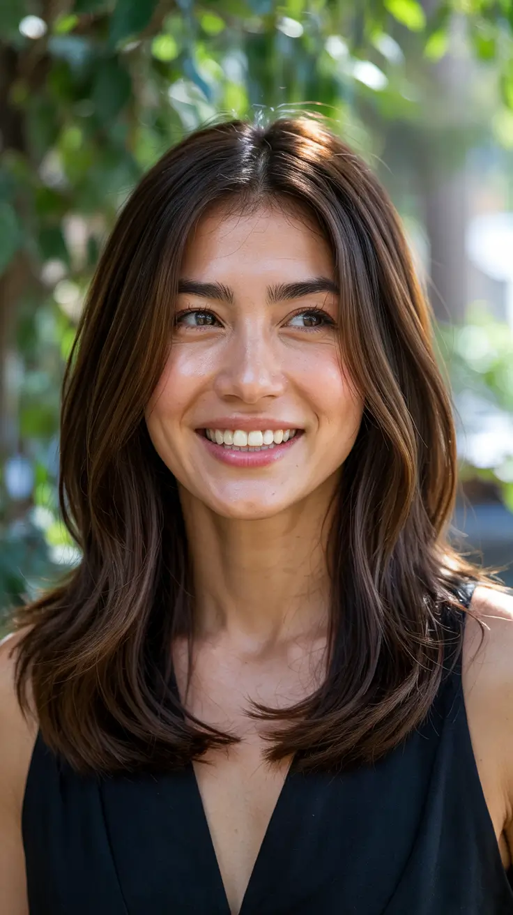 haircuts for medium hair 2026+Minimal Layers with Natural Brunette Shine