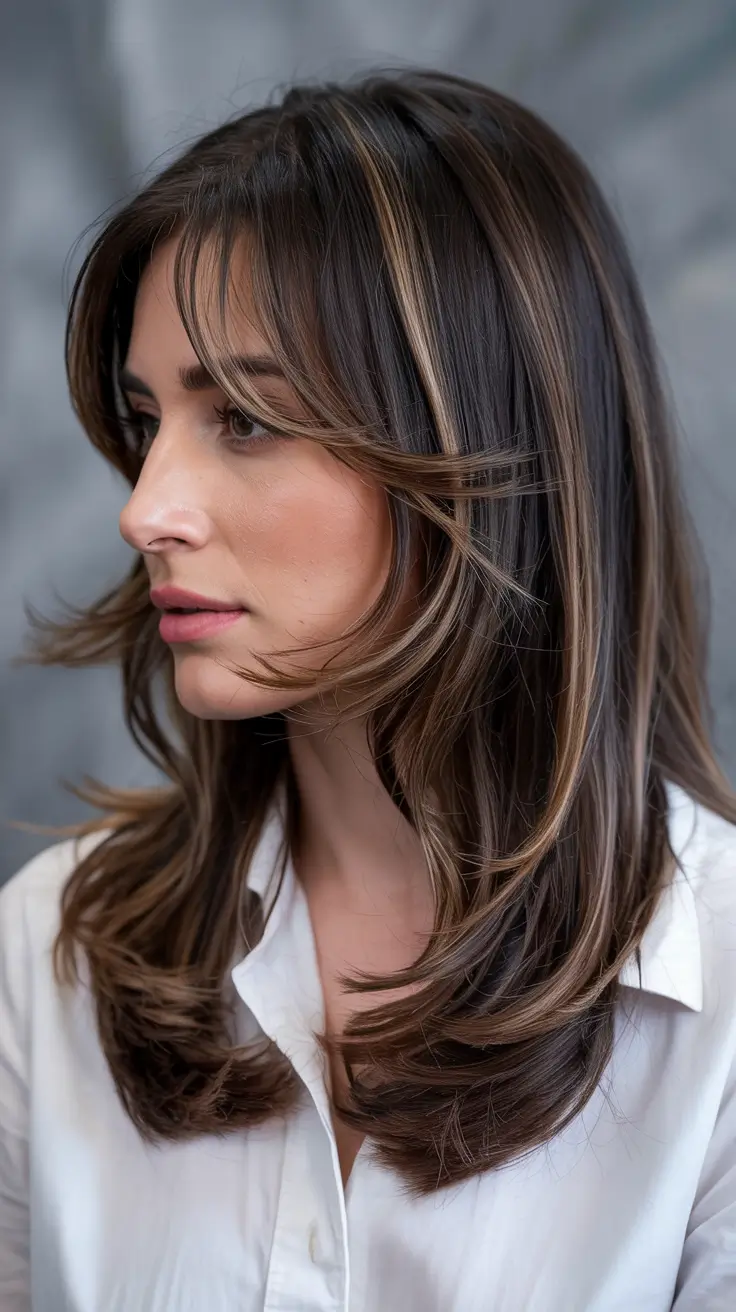 haircuts for medium hair 2026+Flowy Layers with Glossy Ribbon Highlights