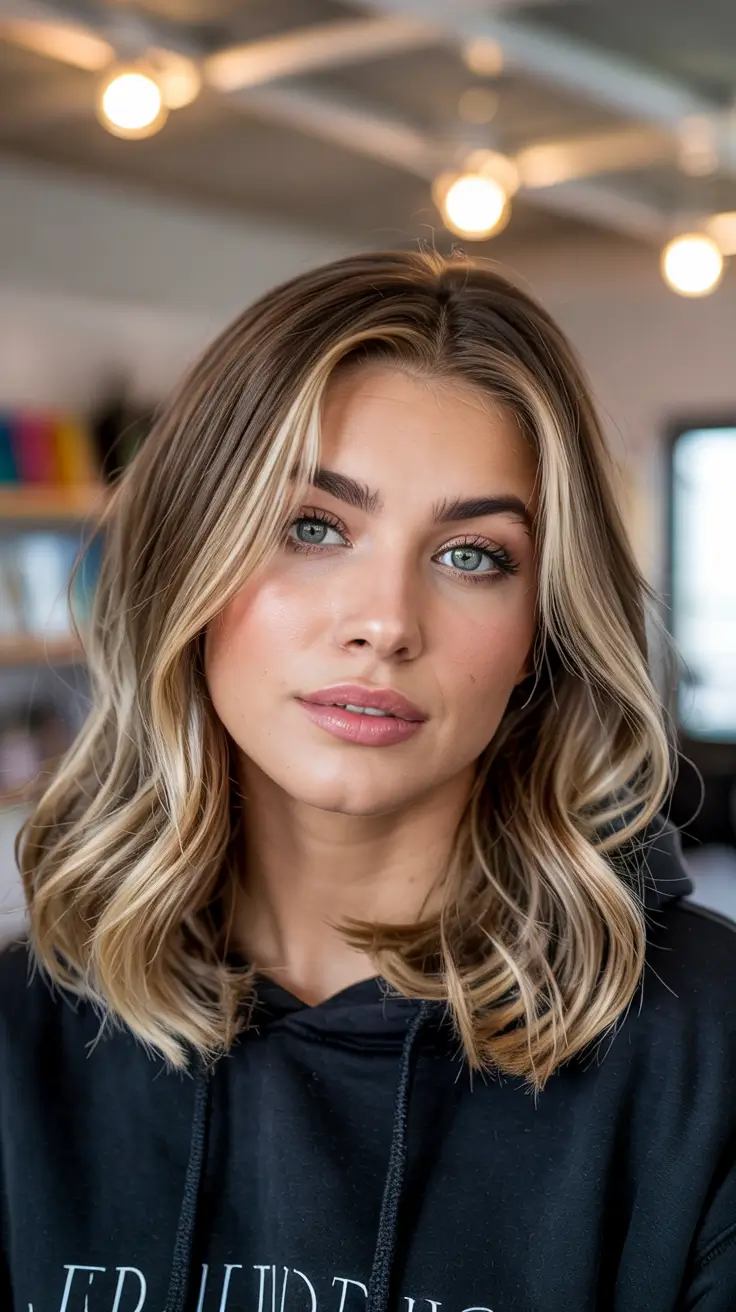 haircuts for medium hair 2026+Rooty Blonde with Light Wave Texture