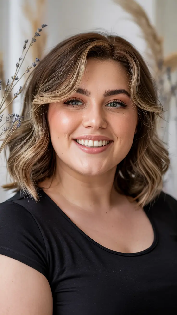 Haircuts for Plus Size Women 2026+Soft Blonde Balayage with Side Part Drama