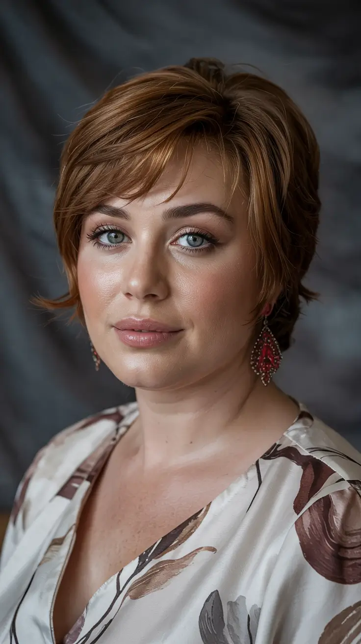 Haircuts for Plus Size Women 2026+Warm Cinnamon Pixie with Soft Layers