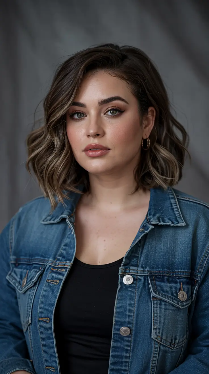 Haircuts for Plus Size Women 2026+Mocha Waves with a Denim Mood