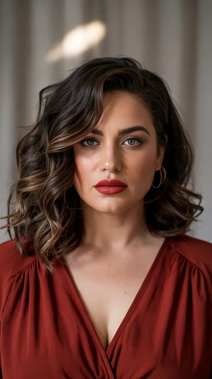 Haircuts for Plus Size Women 2026+Glamorous Curls with Deep Brunette Shine