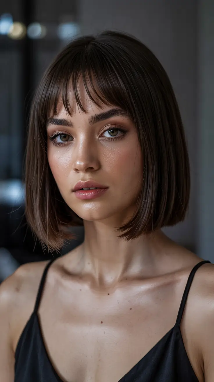 haircuts for thin fine hair 2026 Glossy Espresso Blunt Bob with Wispy Fringe