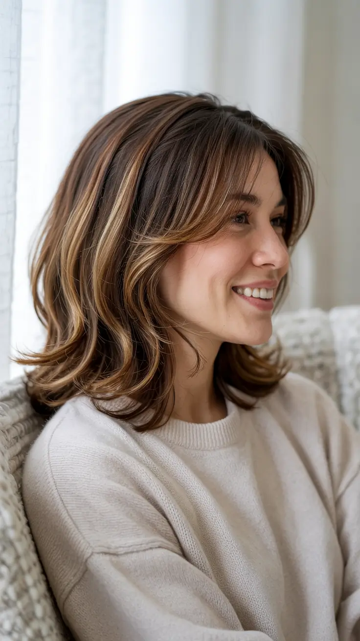 haircuts for thin fine hair 2026 Mid-Length Flicked Layers with Warm Brunette Dimension