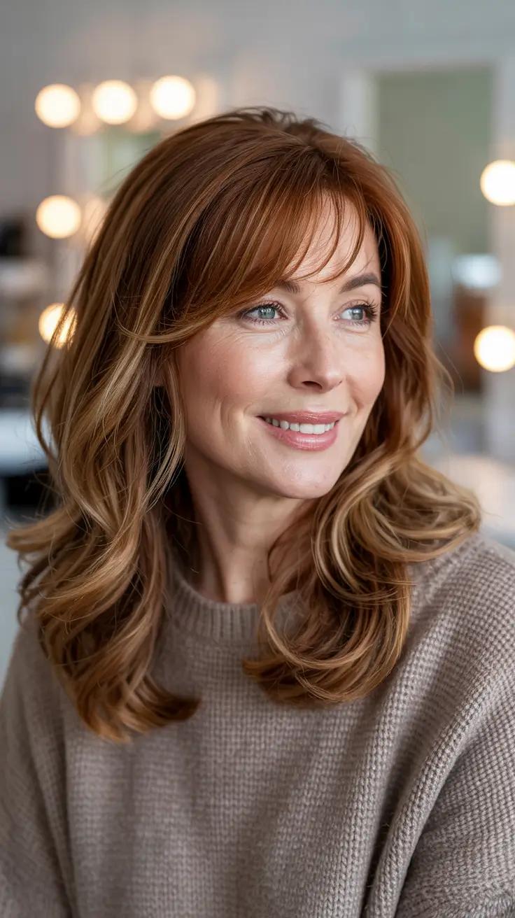 Haircuts for Women Over 40 - Rich Auburn Layers with Wispy Bangs