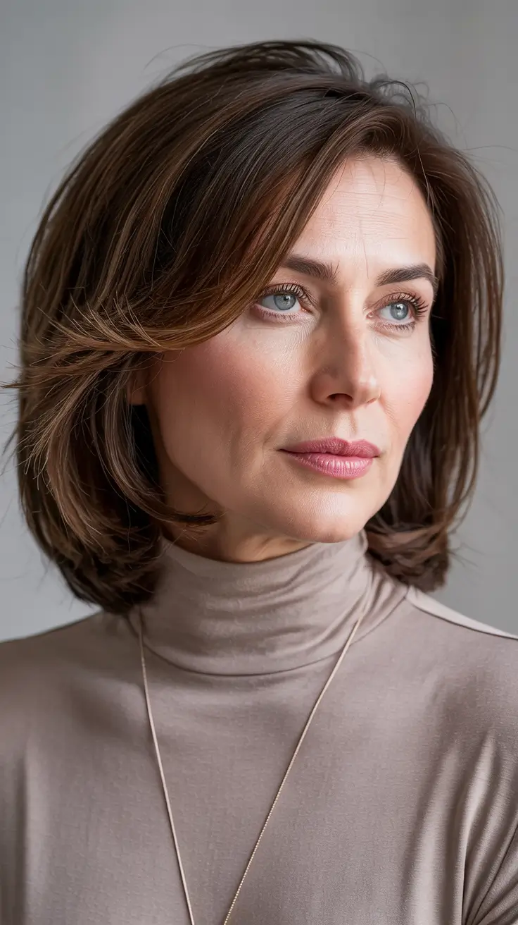 Haircuts for Women Over 40 - Glossy Shoulder-Length Layers with a Deep Side Part