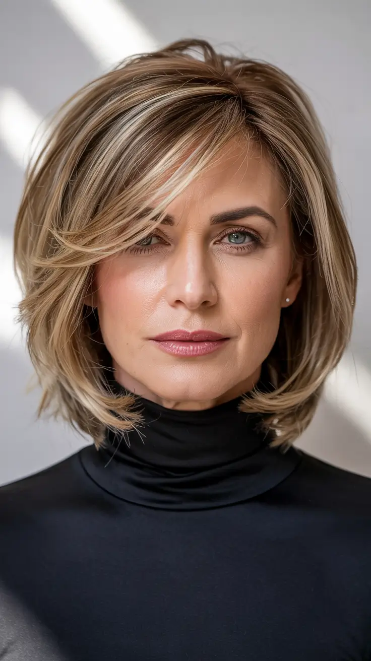 Haircuts for Women Over 40 - Layered Blonde Bob with Side-Swept Bangs
