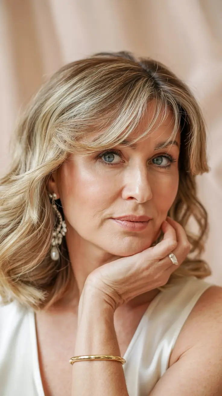 Haircuts for Women Over 40 - Shoulder-Length Layers with Wispy Bangs