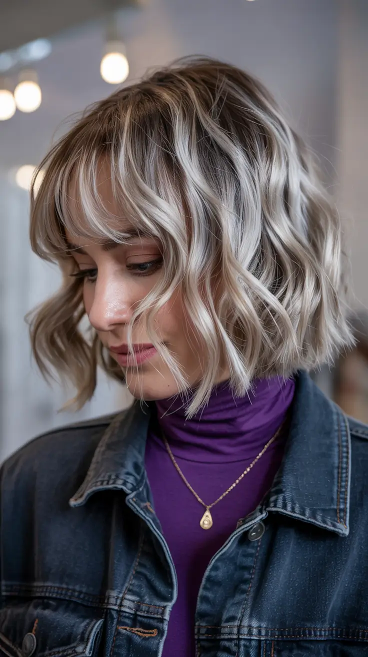 Haircuts for Women Over 40 - Wavy Platinum Bob with Blunt Bangs