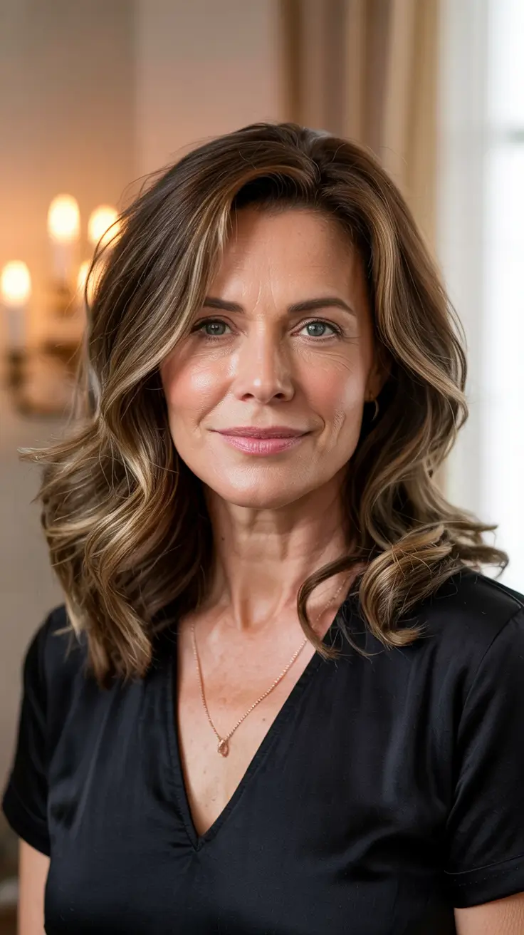 Haircuts for Women Over 40 - Soft Chocolate Waves with Subtle Caramel Ribbons