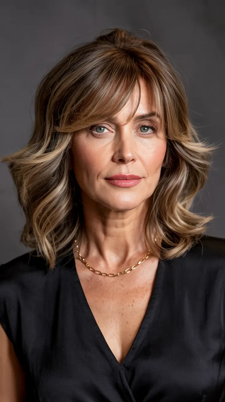 Haircuts for Women Over 40 - Golden Brown Lob with Side Bangs