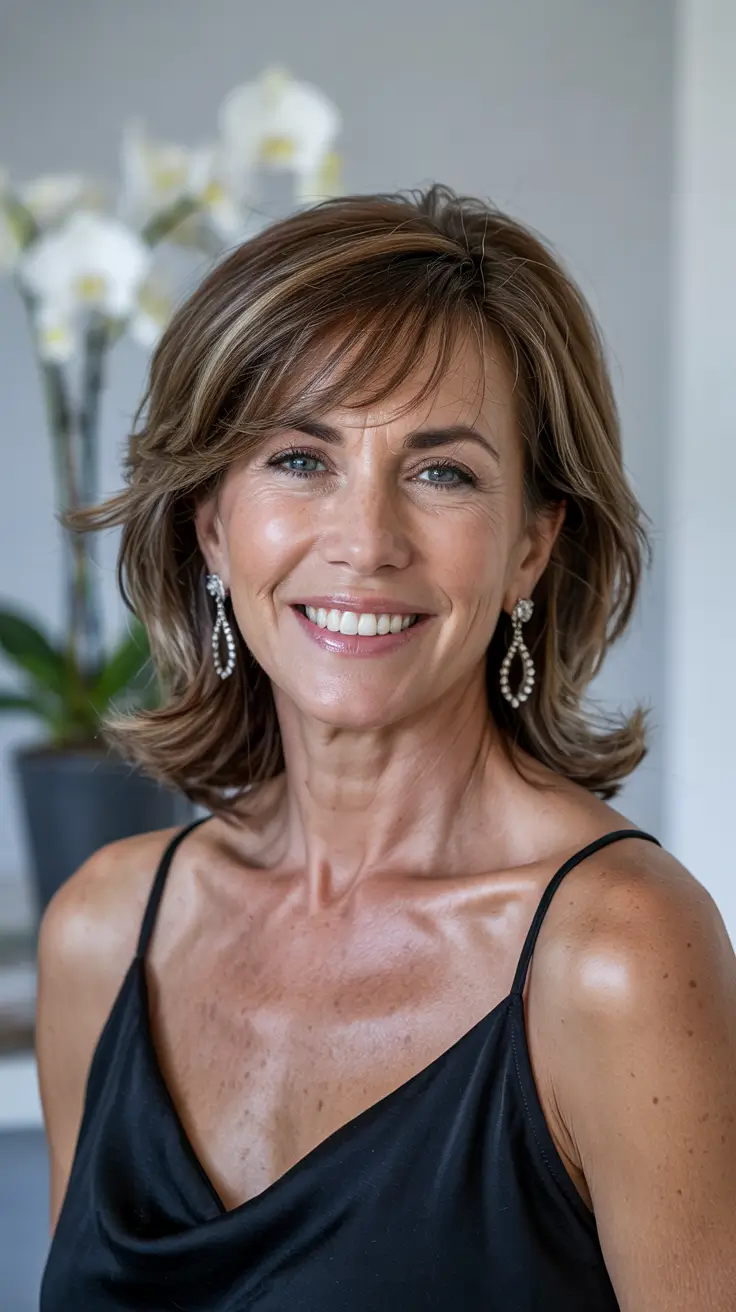 Haircuts for Women Over 50 - Flipped-Out Shag with Side-Swept Bangs