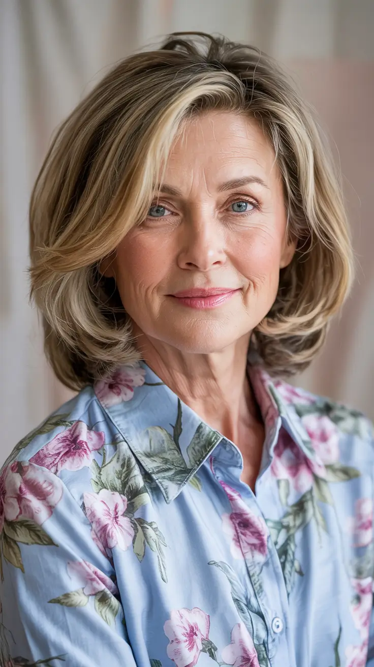 Haircuts for Women Over 60 - ideas 2026+Voluminous Mid-Length Layers with Blonde Highlights