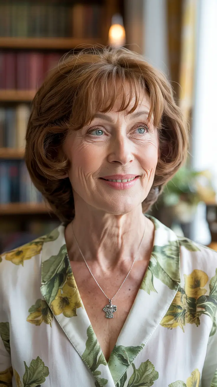 Haircuts for Women Over 60 - ideas 2026+Rounded Bob with Soft Auburn Bangs