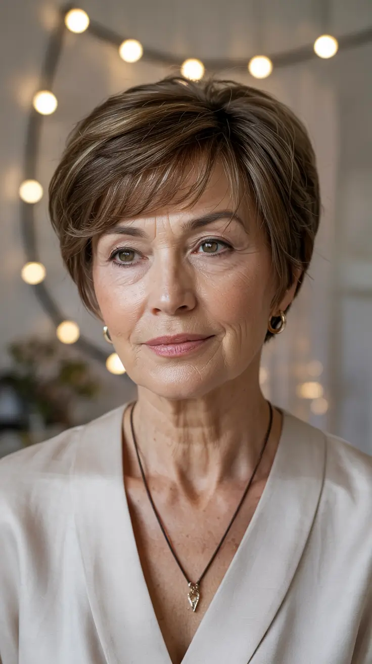 Haircuts for Women Over 60 - ideas 2026+Precision Pixie with Warm Chestnut Layers