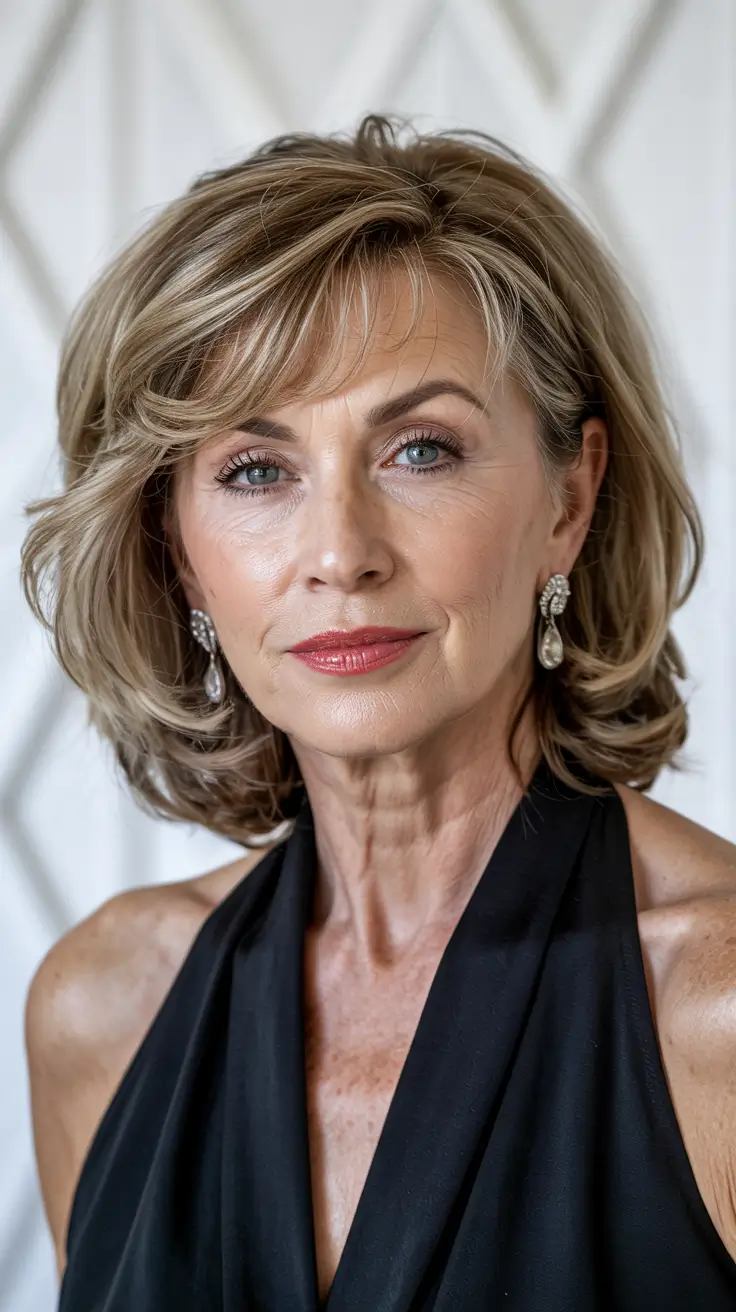 Haircuts for Women Over 60 - ideas 2026+Soft Glam Waves with Side-Swept Bangs