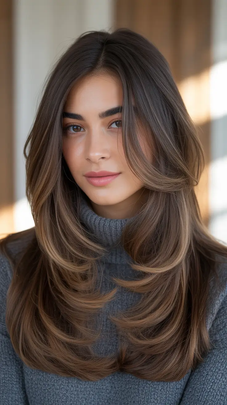 haircuts inspo - ideas 2026+Warm Brunette with Balanced Flicked Layers