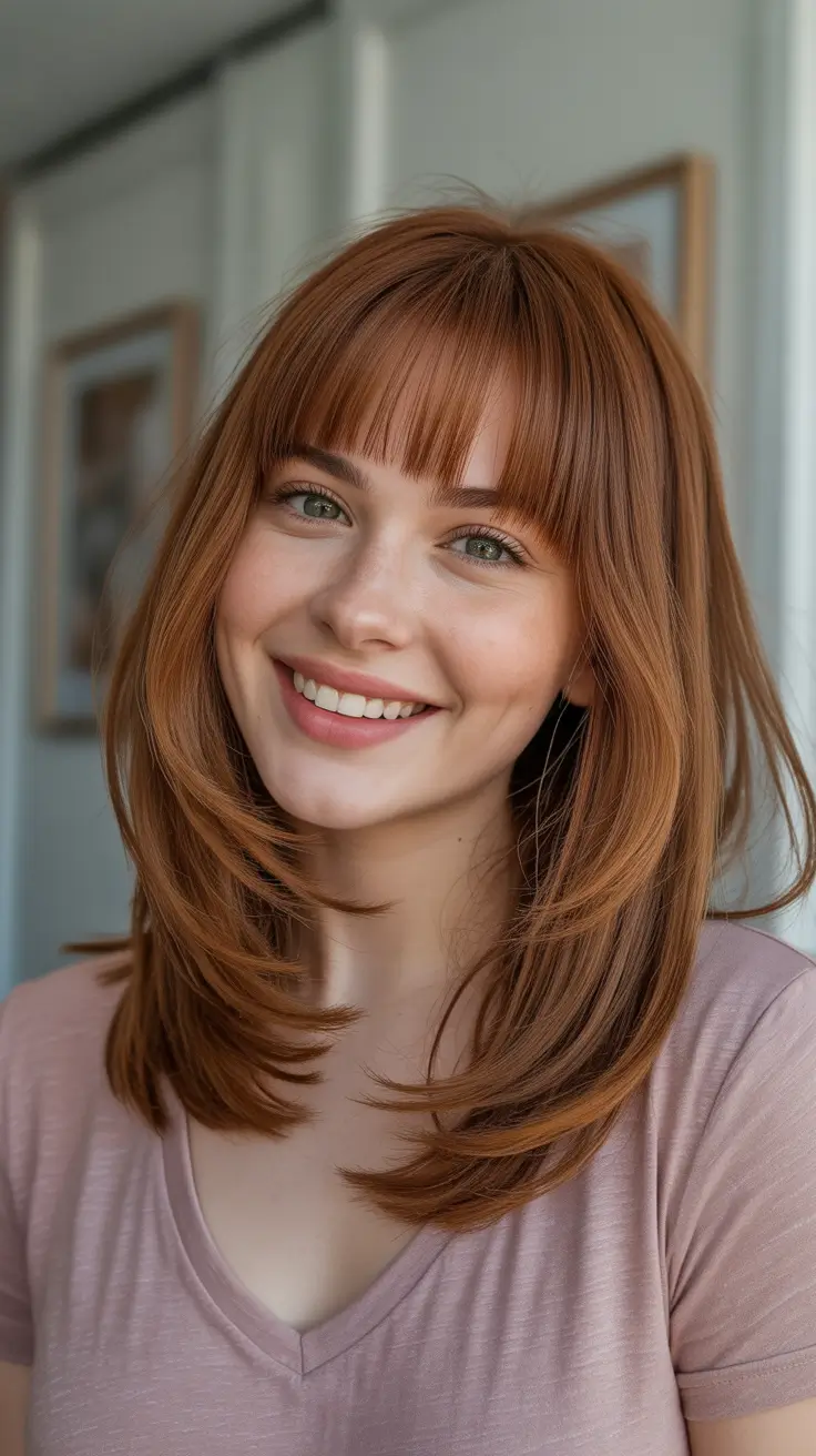 haircuts with bangs - ideas 2026 Layered Auburn with Straight Baby Bangs