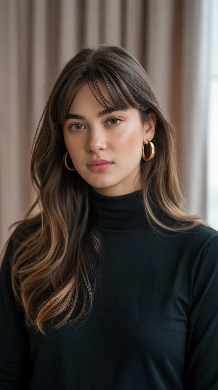 haircuts with bangs - ideas 2026 Minimalist Brunette with Soft Curtain Bangs