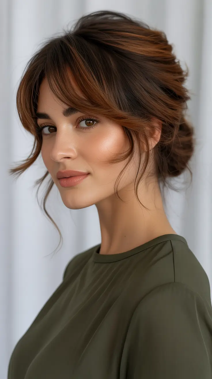 haircuts with bangs - ideas 2026 Elegant Updo with Loose Curtain Bangs