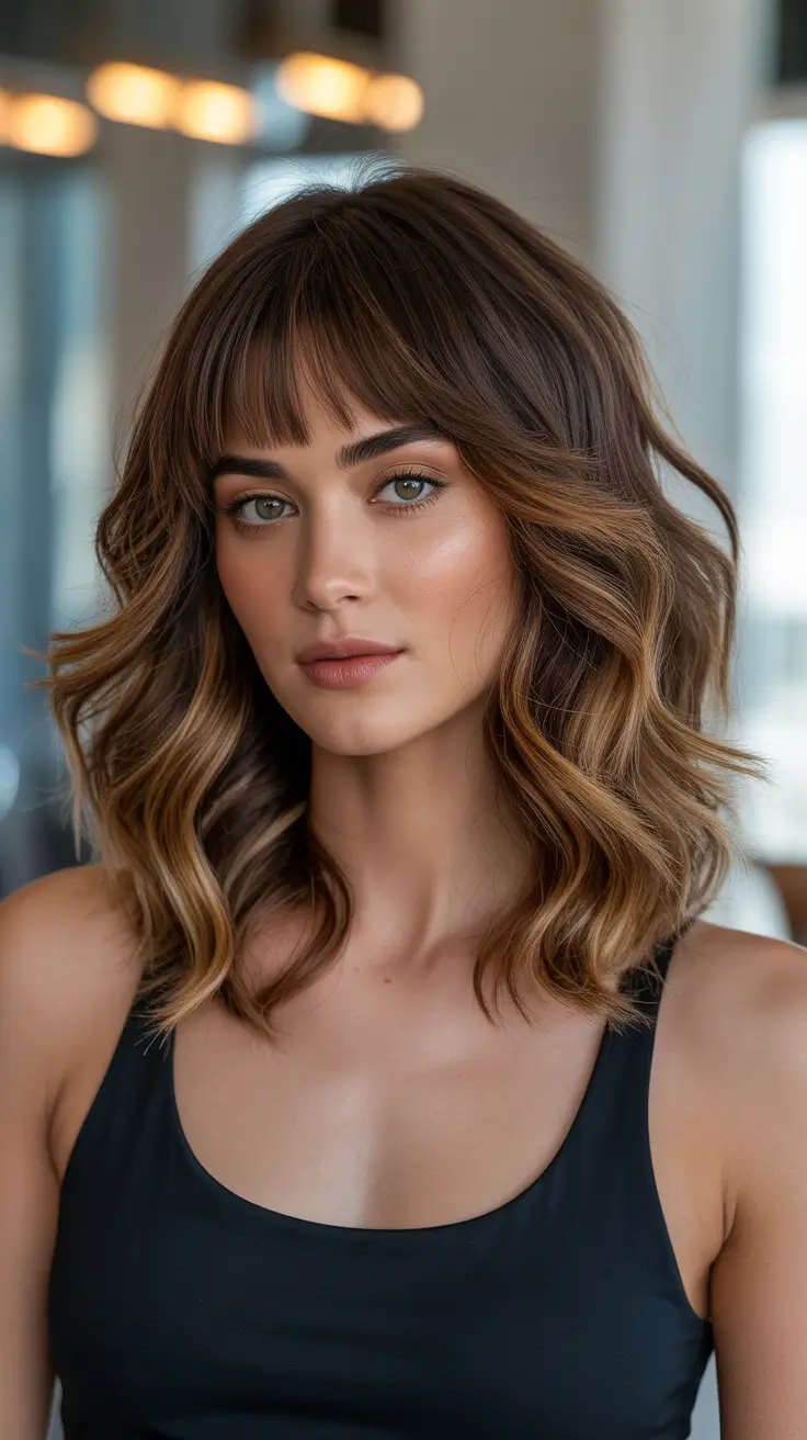 haircuts with bangs - ideas 2026 Soft Waves with Wispy Blunt Bangs
