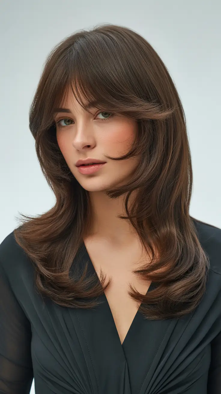 haircuts with bangs - ideas 2026 Polished Layers with Long Curtain Fringe