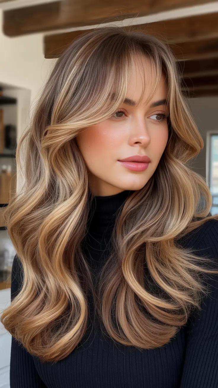 haircuts with bangs - ideas 2026 Hollywood Curls with Blended Curtain Bangs