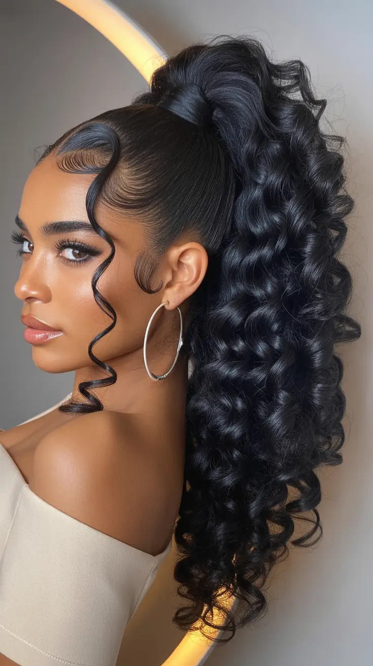 hairstyle black women 2026+High Curled Ponytail with Retro Spiral Tendrils