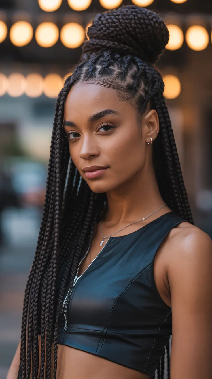 hairstyle black women 2026+Feed-In Braids with Oversized Top Knot