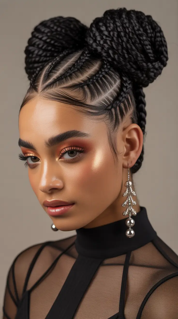 hairstyle black women 2026+Double Braided Space Buns with Defined Parts
